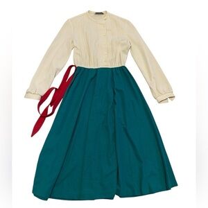 VINTAGE 60s/70s Jeffrey Knit Dress Pleated Top Teal Skirt Red Sash XS